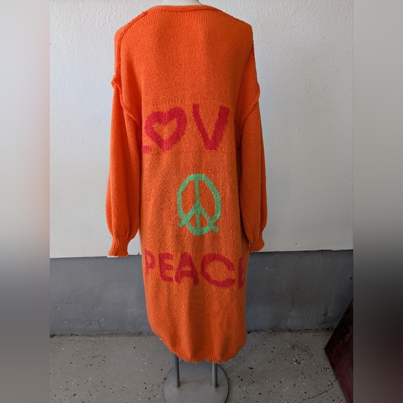 The Unbranded Brand Sweaters - Orange 'Love Peace' Long Knit Cardigan Sweater